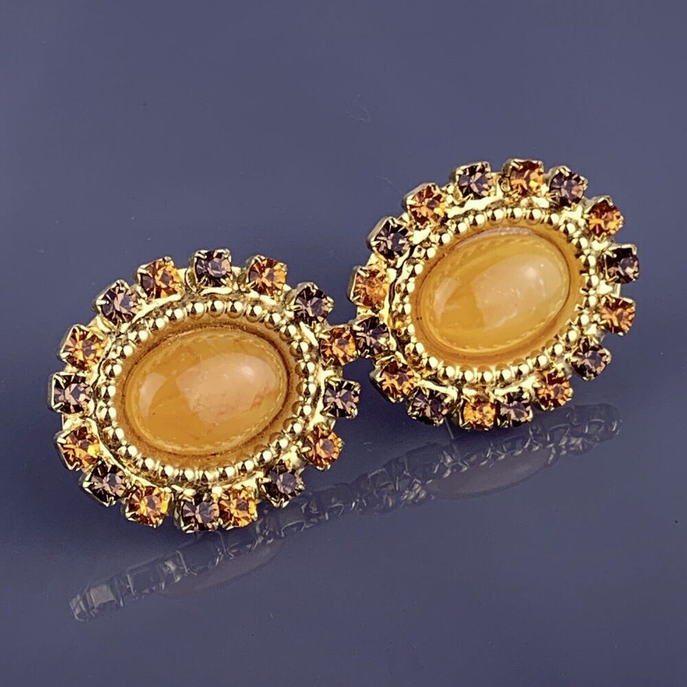 Large Yellow Carnelian Cabochon Cufflinks Gold Tone Rhinestones Orange Brown VTG